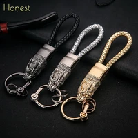 honest high grade luxury car keychain chinese dragon key ring gold black genuine leather rope jewelry creativity gift wholesale