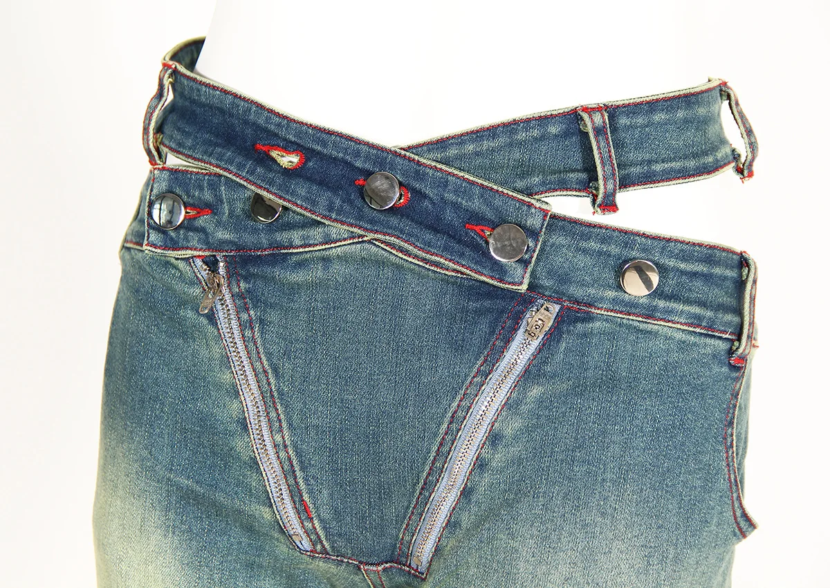 Women's 2023 Summer New Y2K Street Fashion Spicy Girl Personalized Cross Button Hollow Out High Waist Denim Flare Pants