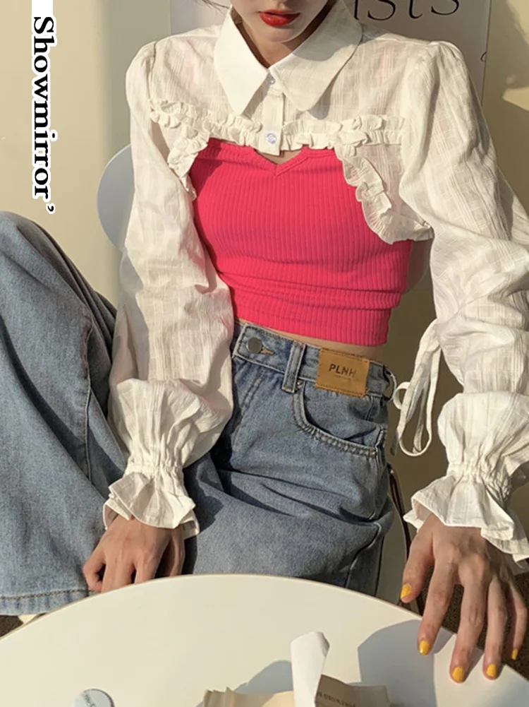 Showmirror Crop Top Shirt Sexy Long Sleeve Button Up Women Tops and Blouses Autumn Club Party Elegant White Shirts Cropped Tops