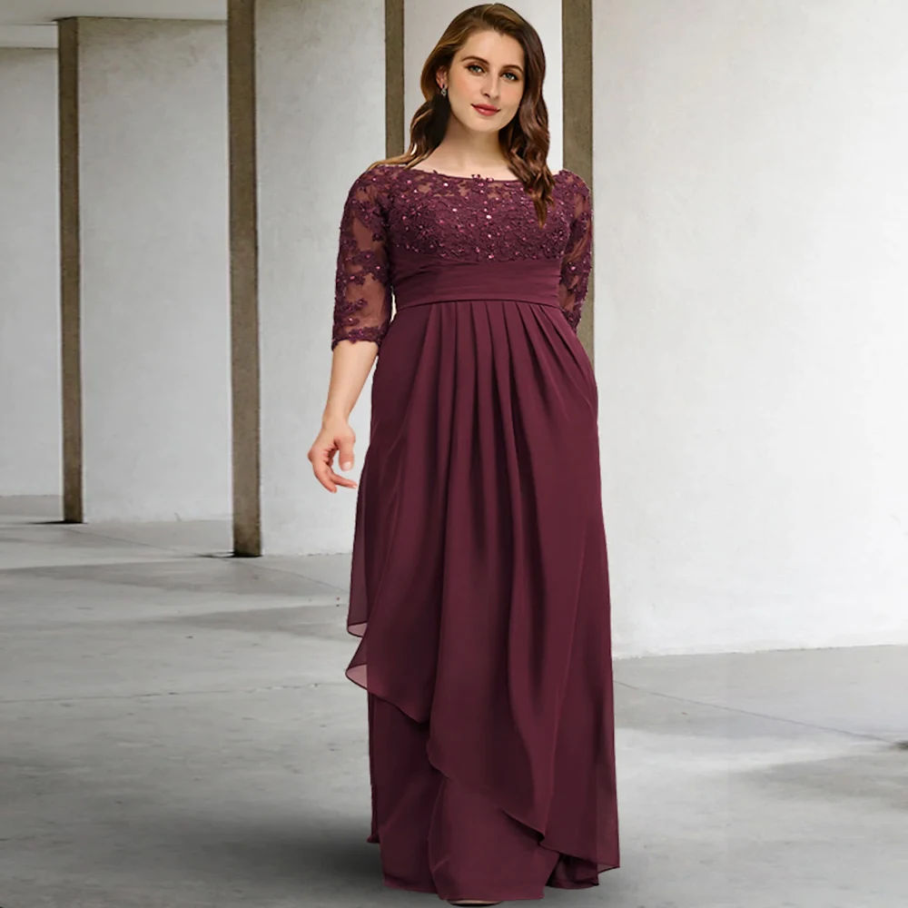 

Elegant Mother of the Bride Dresses O Neck 3/4 Sleeve Wedding Party Gowns Appliques Pleat Chiffon A-Line Floor-Length فستان سهرة
