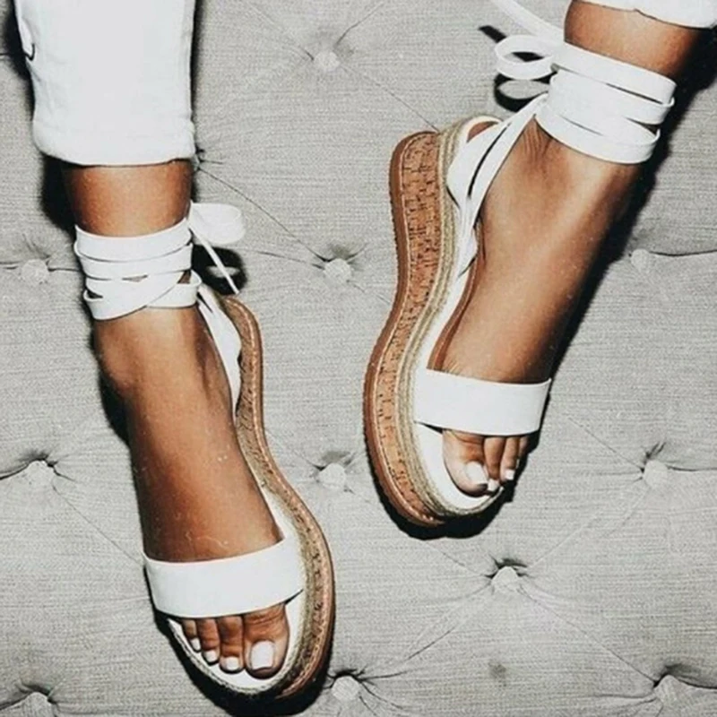 

Summer White Wedge Espadrilles Women Sandals Open Toe Gladiator Sandals Women Lace Up Women Platform Sandals Zapatos De Mujer