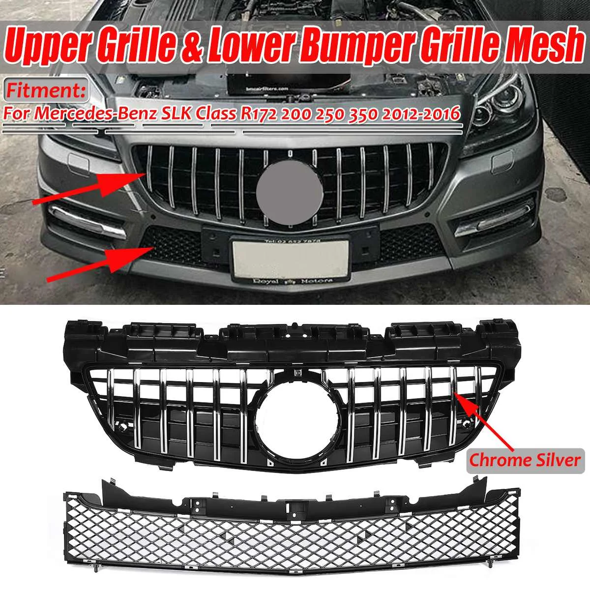 

Новая решетка для переднего бампера автомобиля GT Style + нижняя решетка для бампера для Mercedes Benz SLK Class R172 200 250 350 2012-2016