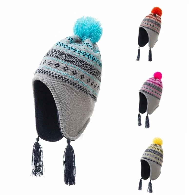 

Winter Baby Hat Geometric Striped Pompom Tassels Knitted Beanie For Newborn Infant Warm Plush Lining Ear Protection Kid Cap