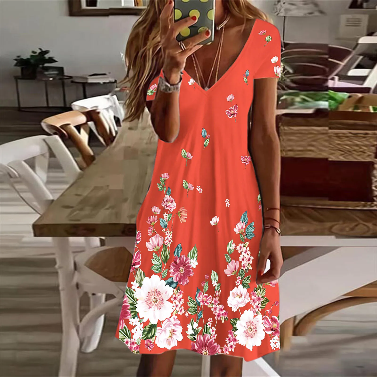 

Ladies Dresses Summer Casual Women Casual V Neck Summer Floral Printed Short Sleeve Dress Beach Purple Ruched Dresses for Women