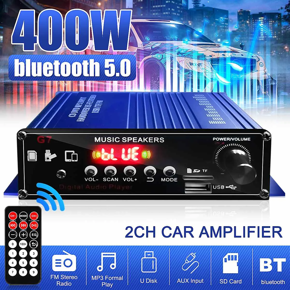 

400W Mini 2 Channel Digital Amplifier bluetooth 5.0 Receiver USB Music Player Stereo Home Car Marine Audio Amplifiers AUX FM
