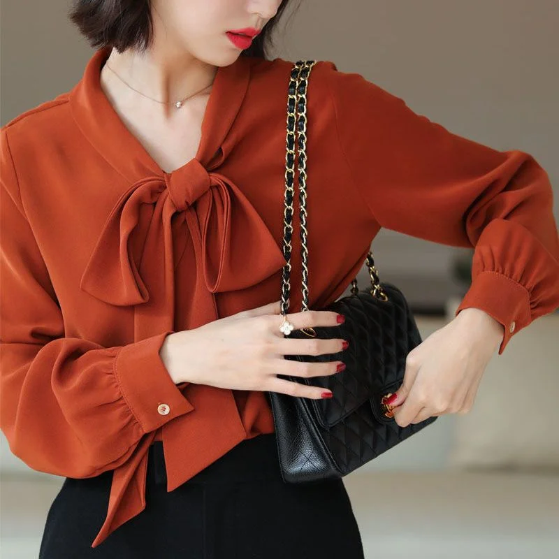

2022 New Bowknot Shirt Women Loose Long Sleeve Chiffon Shirt Top Shirt Women Spring Autumn Long-Sleeved Blouses Women