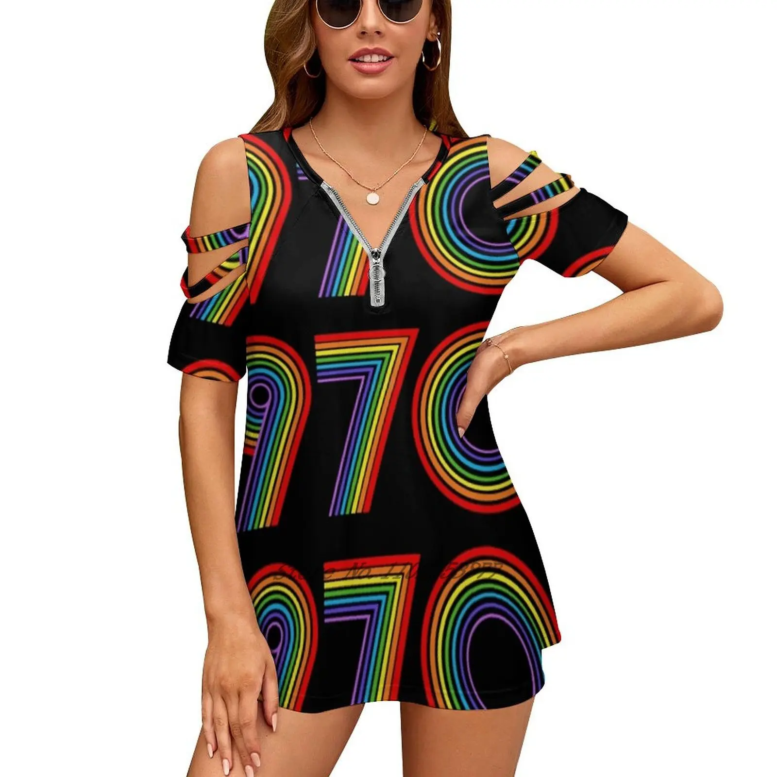 

Женская футболка в стиле ретро 1920-х годов, Повседневная футболка с радужным принтом в стиле бохо, для дискотеки и диско, уличная одежда для л...
