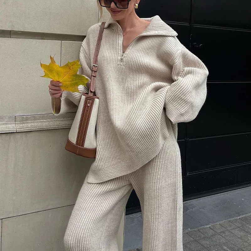 

Осенняя одежда на молнии, Женские однотонные трикотажные свитеры в рубчик, зимние теплые свободные костюмы с длинным рукавом