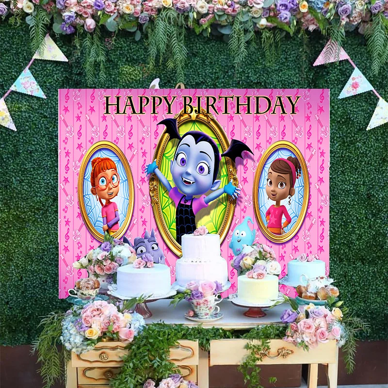 

Cartoon Disney Junior Vampirina Pointed Teeth Girl Halloween Backdrop Newborn Baby Happy Birthday Party Decoration Background