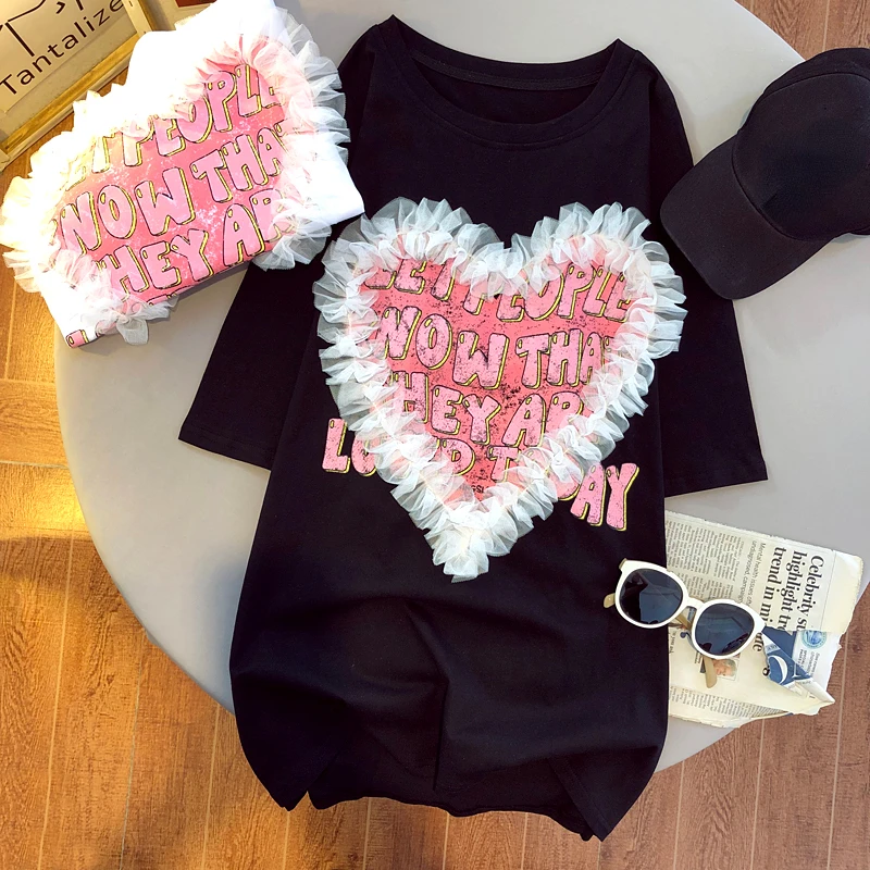 4xl Plus Size T Shirt for Women Summer with Love Heart Gauze Runway Design Big Size T-shirts Ladies Fashion 2022 Chubby Clothe