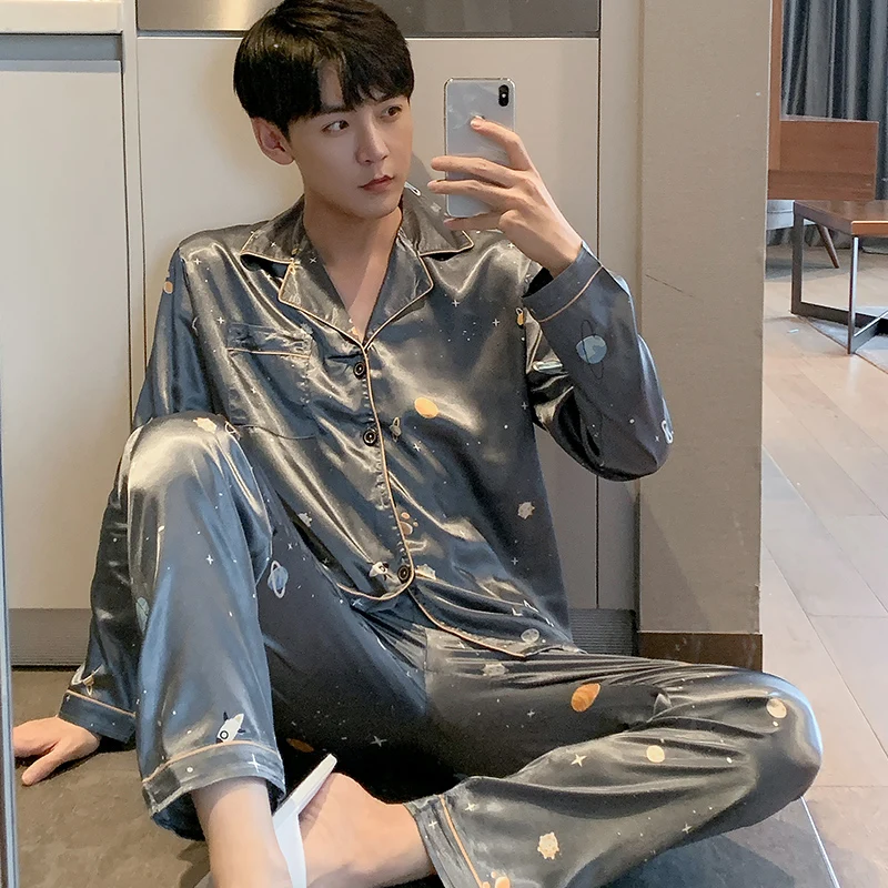 

Silk Men Pyjamas Set OverSize 4XL 5XL Long Sleeve Casual Home Wear Spring Autumn Silk Boy Pajama Sets Leisure Sleepwear Set