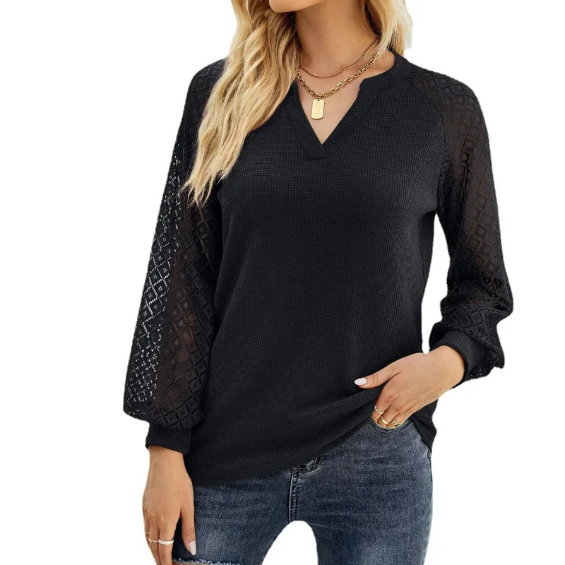 

Y2k Spring Summer New Women's Solid Color Waffle Grace Spliced Long Sleeve V-neck T-shirt Top Loose Medium Length Commuting