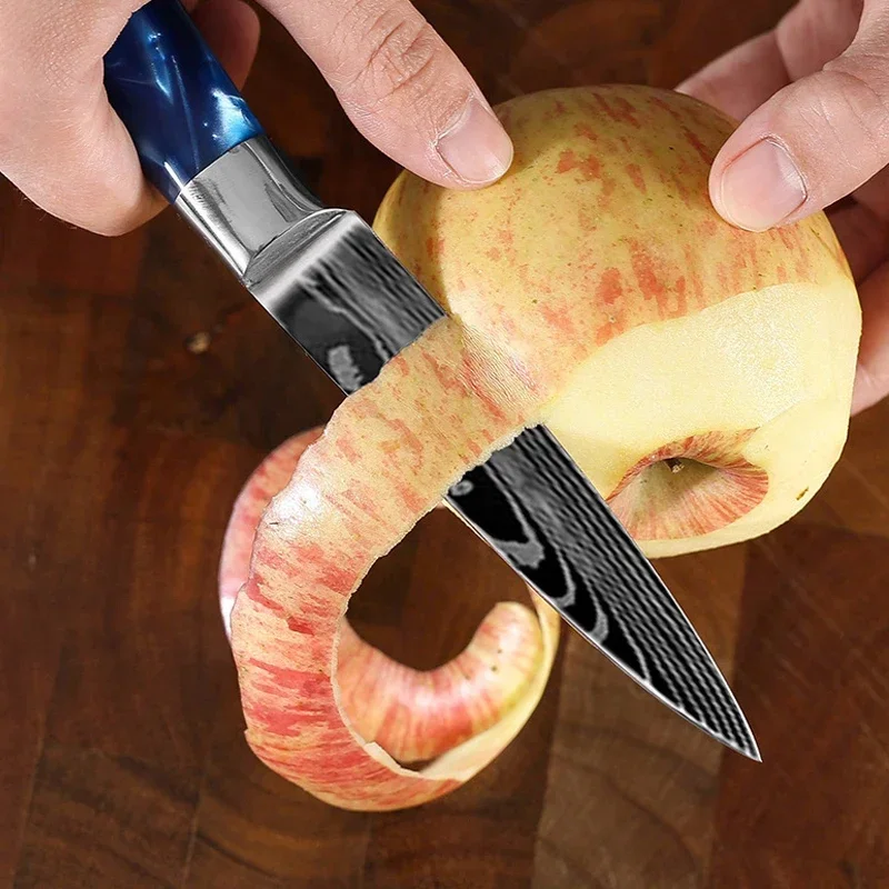 Kitchen Knives Set Blue Resin Handle Laser Damascus Blade Chef Fish Meat Cleaver Slicing Japanese Knife Sets