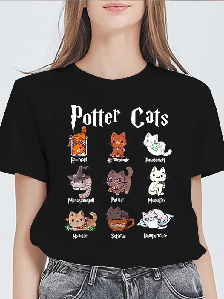 

Student T-shirts Kawaii Cats Print Summer Women Fashion Printed Tshirt Cute Cat Graphic T-shirt Short Sleeve Streetwear Y2k Tee