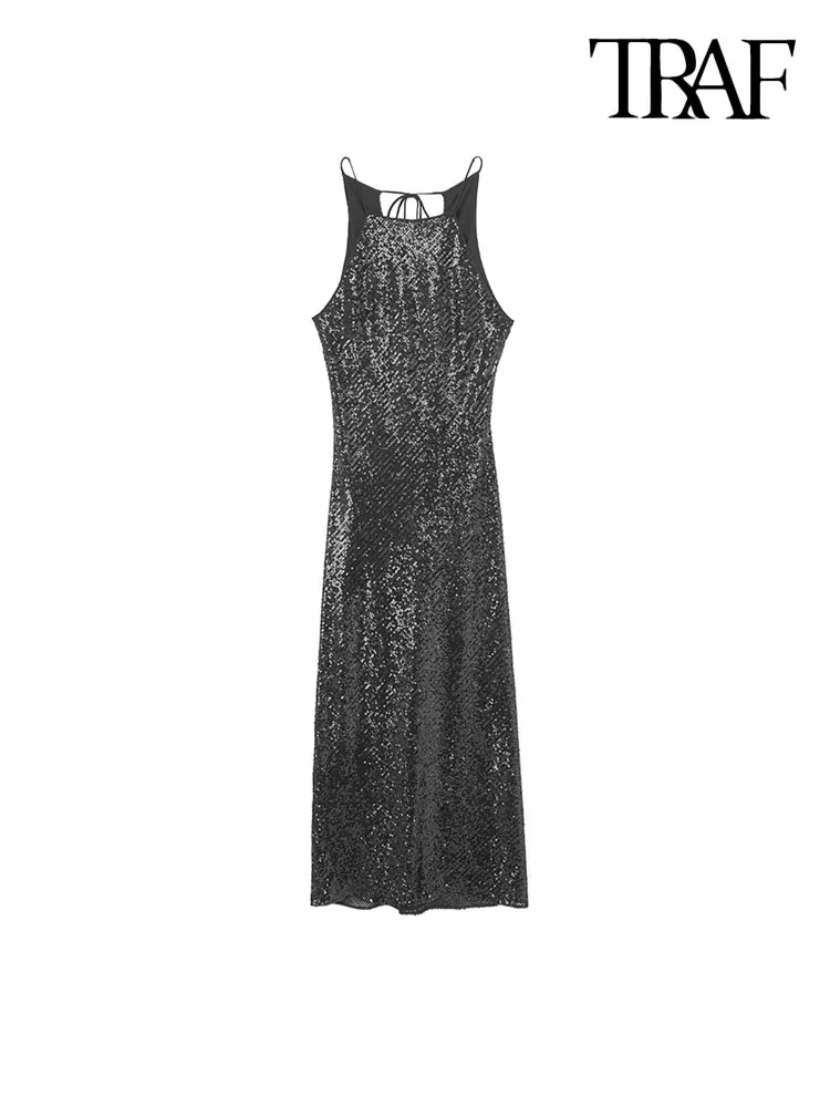 

TRAF Women Fashion With Tied Sequins Midi Dress Vintage Sleeveless Back Vent Female Dresses Vestidos Mujer