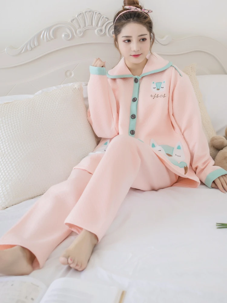 Coralline Winter Pajamas for Women Cartoon Plush Hooded Flannel Home Dress for Women Casual Loose Thermal Pajamas Set