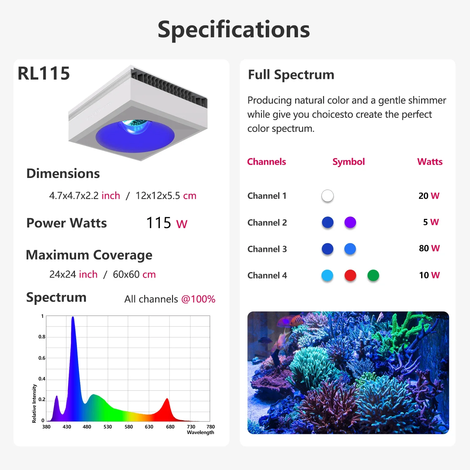 Фото НОВИНКА: WiFi-лампа PopBloom RL60/80/90/115/180 для морских аквариумов, 115 Вт, профессиональная, полный спектр, для рифовых кораллов SPS/LPS и рыбок. №3