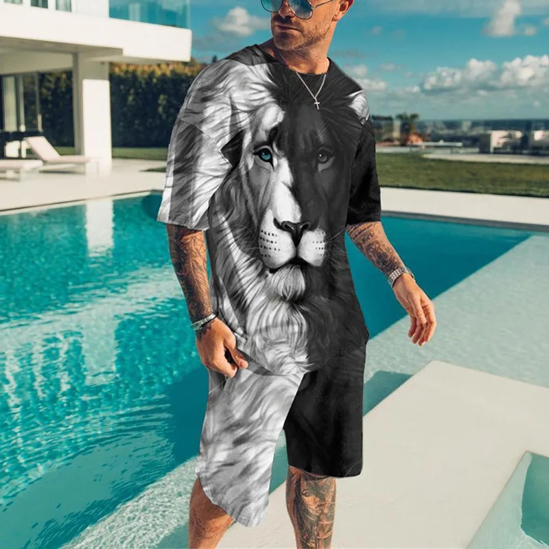 Men's Suit Summer T-shirt + Shorts Two-piece Set Loose Casual Lion Senior Printed Pattern New O-neck Tshirts Streetwear