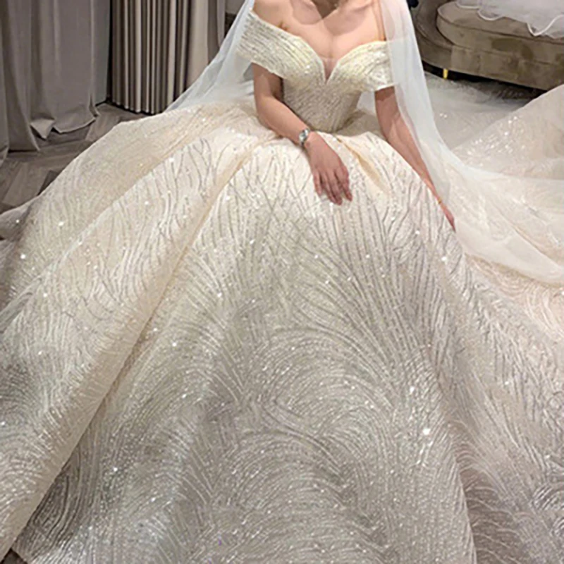 

Fansmile Vestido De Noiva Shiny Lace Ball Gown Wedding Dresses 2023 Plus Size Bridal Tulle Mariage FSM-293T