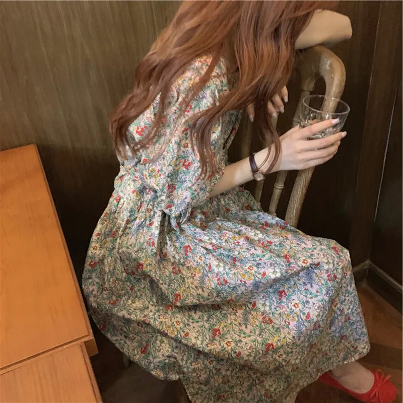 

Light Luxury Design Sense Niche Slimming Youthful-Looking Temperament Goddess Style Long Skirt Floral Puff Sleeve Dress Summer