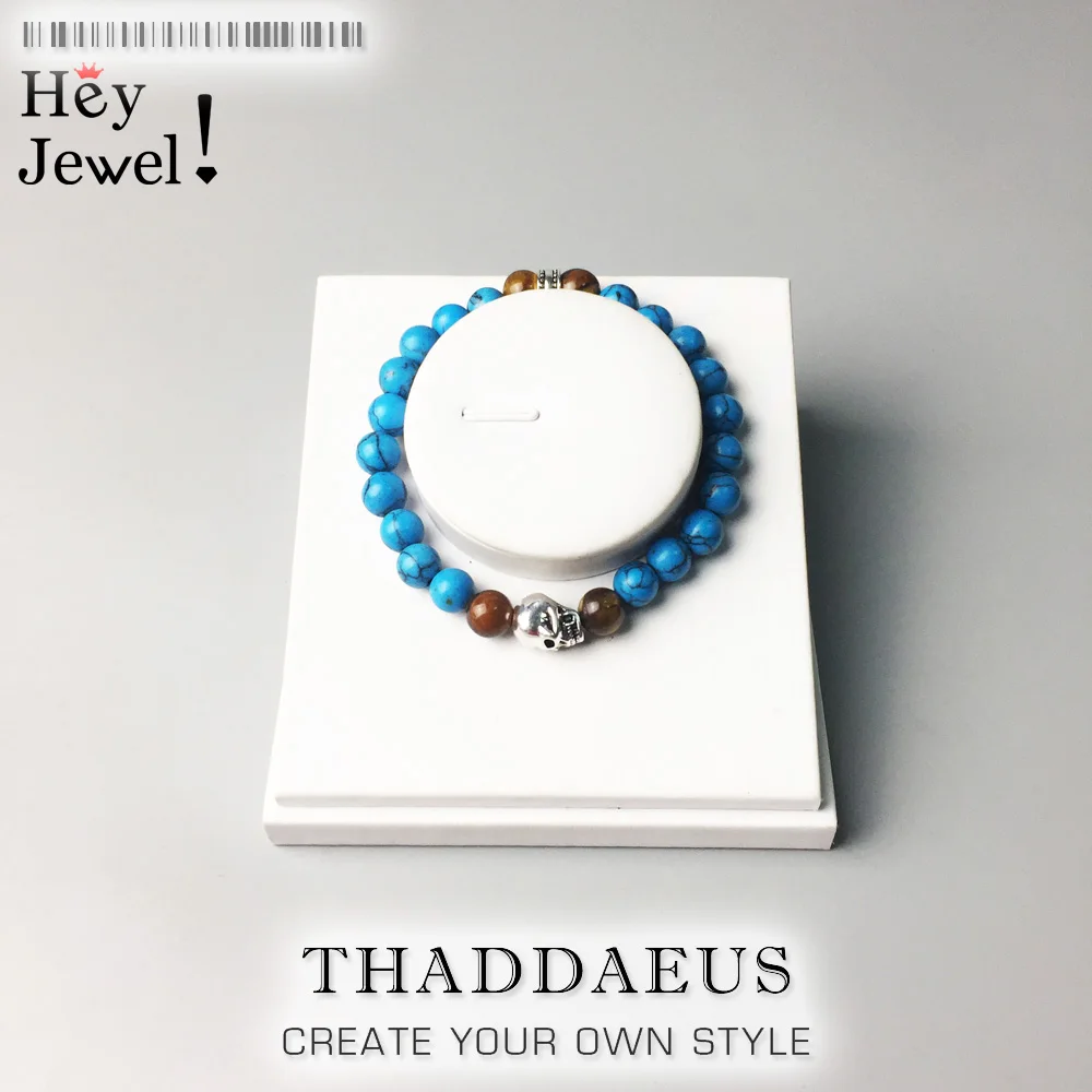 

Fashion Accessories Jewelry Lava Stone Blue Stone Bead Skull Skeleton 925 Silver Charm Stretch Bracelet Gift For Men Women