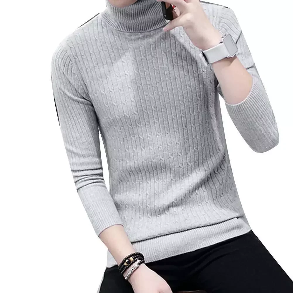 Sliming Fit Thicken Warm Turtleneck Solid Color Long Sleeve Knitted Sweater Top Men Clothing Sweater Top