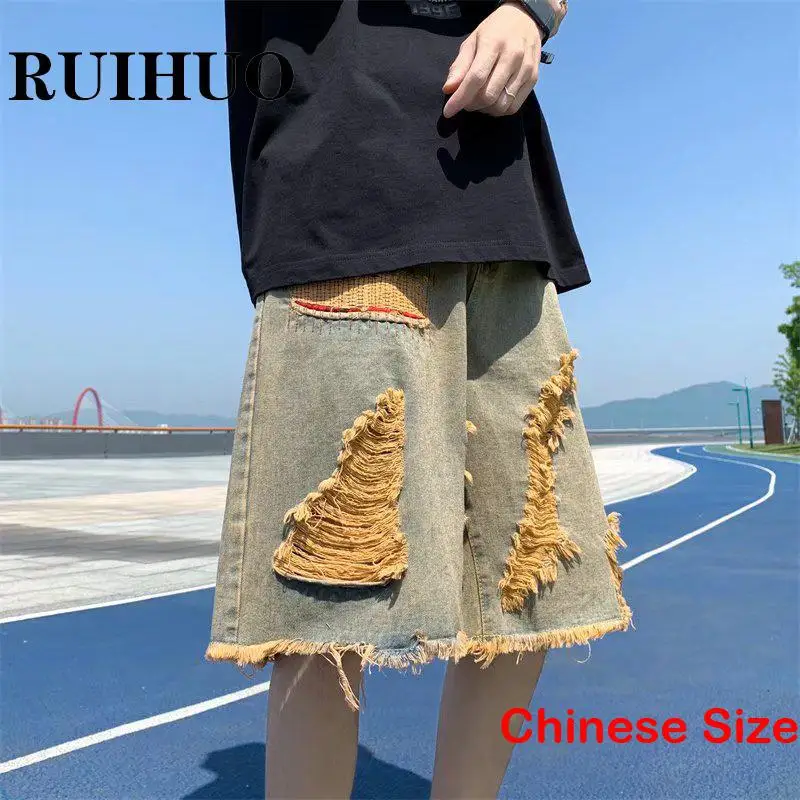 

Шорты RUIHUO мужские рваные джинсовые до колена, одежда из денима, джинсовые карго, оригинальные синие, 3XL, лето 2023