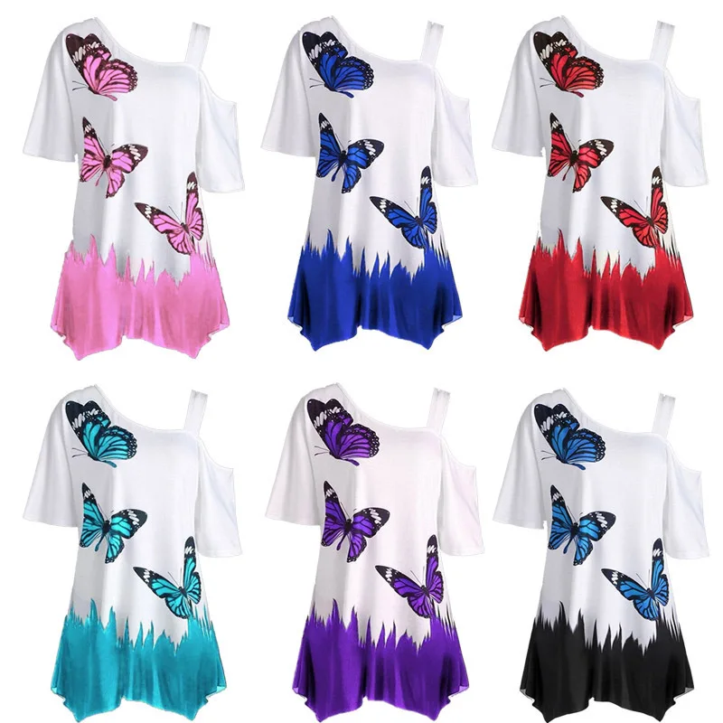 Fashion Short Sleeve Women's Clothing Summer New Quick Sale Foreign Trade Butterfly Print Diagonal Shoulder Long T-shirt