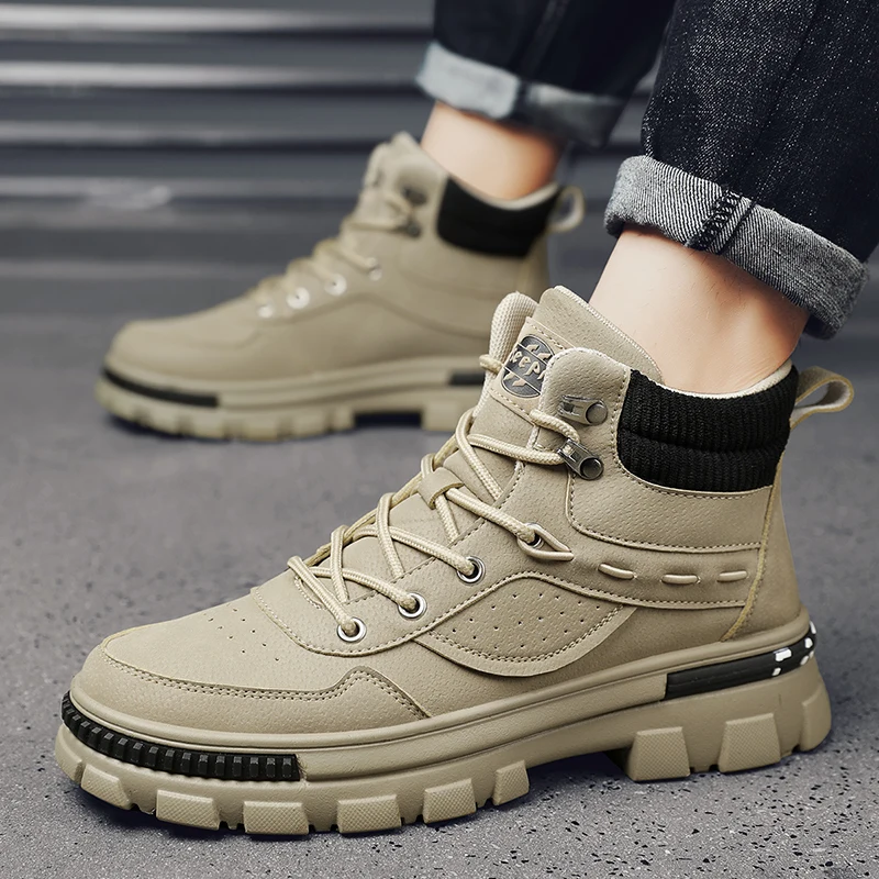 

Autumn Winter Men Ankle Combat Boots Men's Outdoor Wear Resistant Shoes Fashion Leather Boots Shoes 2023 Lace-up Men Boots