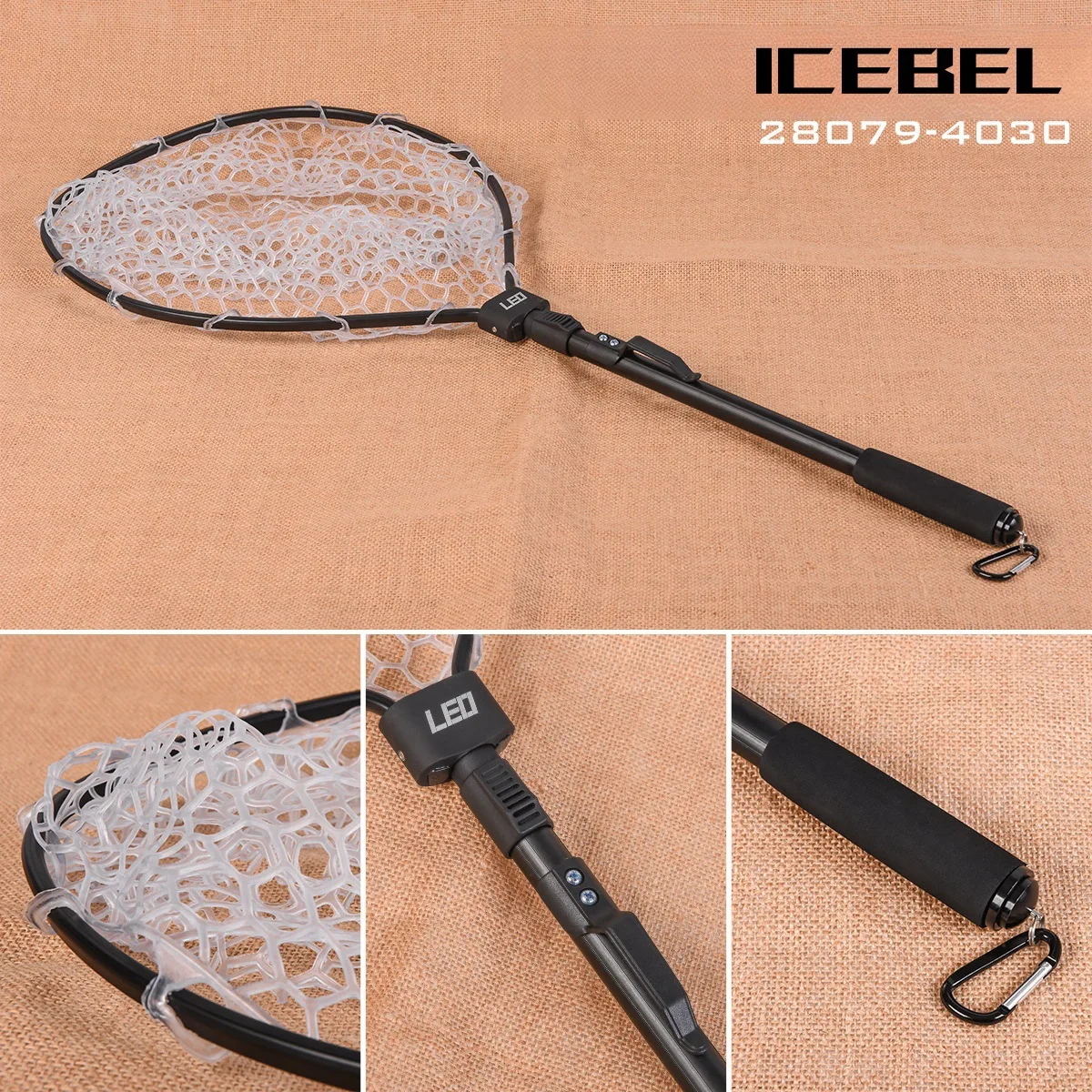 Фото ICEBEL Портативная алюминиевая складная телескопическая рыболовная сачка диаметром 85 см, быстрая установка для ловли на плоту нахлыстом, резиновая сетка №4