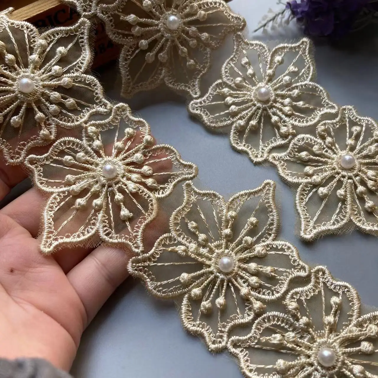 

10x Gold Pearl Handmade Beaded Flower Embroidered Lace Edge Trim Ribbon Double Layered Applique Dress DIY Sewing Craft 7cm New