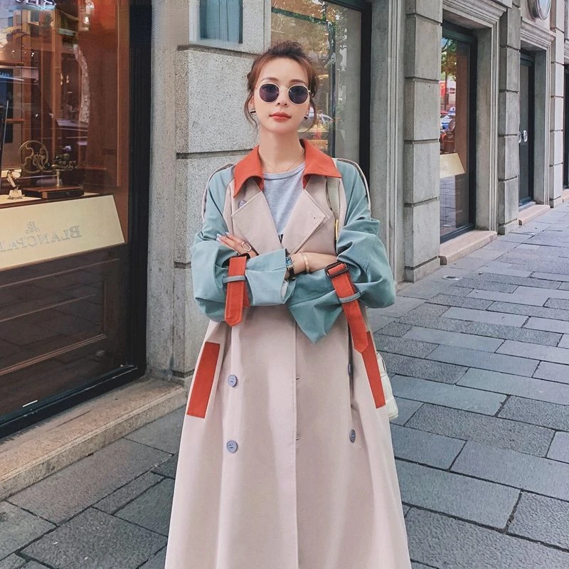 

Women's long loose windbreaker, fashion windbreaker, color matching, Korean, British, belt top, spring and autumn, 2022