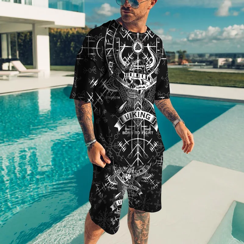 

Viking Summer Men T Shirt Set 3D Printed Horror Skull Vintaga Short Sleeve T Shirt Shorts Oversized Clothes Casual Streetwear