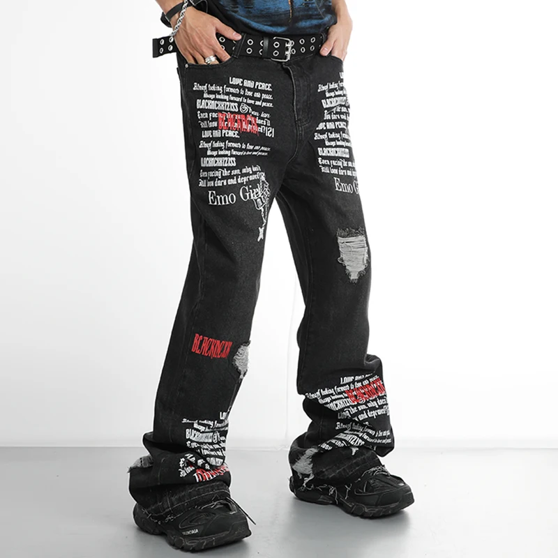 

Black Letters Printed Micro-horn Slim Fit Jeans Men's Hip-hop Washed Raw Edge Distressed Ripped Denim Trousers Baggy Streetwear