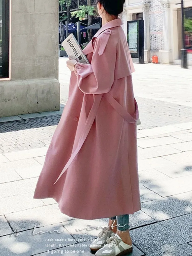 

Женский Тренч, розовый, однотонный, с поясом, ветровка, с длинным рукавом, с отворотом, милый, повседневный стиль, 2023, корейский, новый, Осенни...