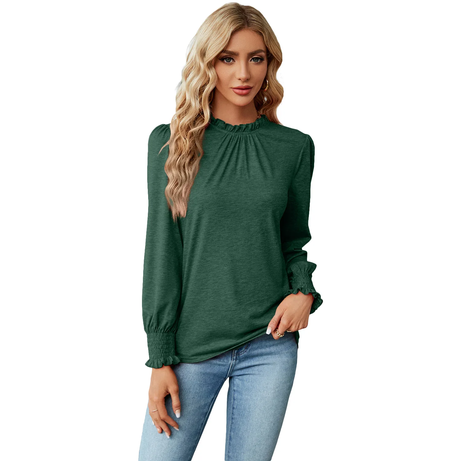 

New Solid Color Lace Collar Puff Long Sleeve Loose T-Shirt Top For Ladies Frills Neck Ruffles Smocked Cuffs Blouses Elegant Shir