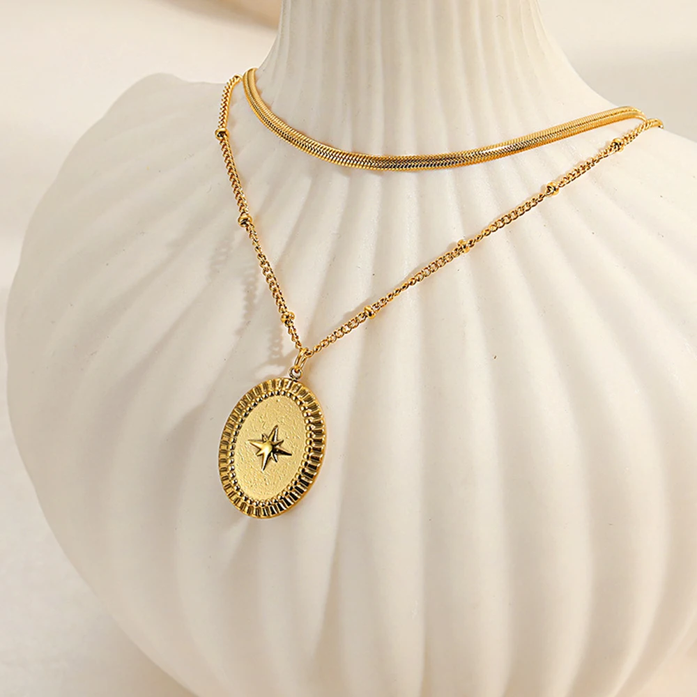 

Waterproof Layer Necklace Star Oval Pendant Herringbone Beaded Chain 316L Stainless Steel Fashion Ladies Layering Jewelry