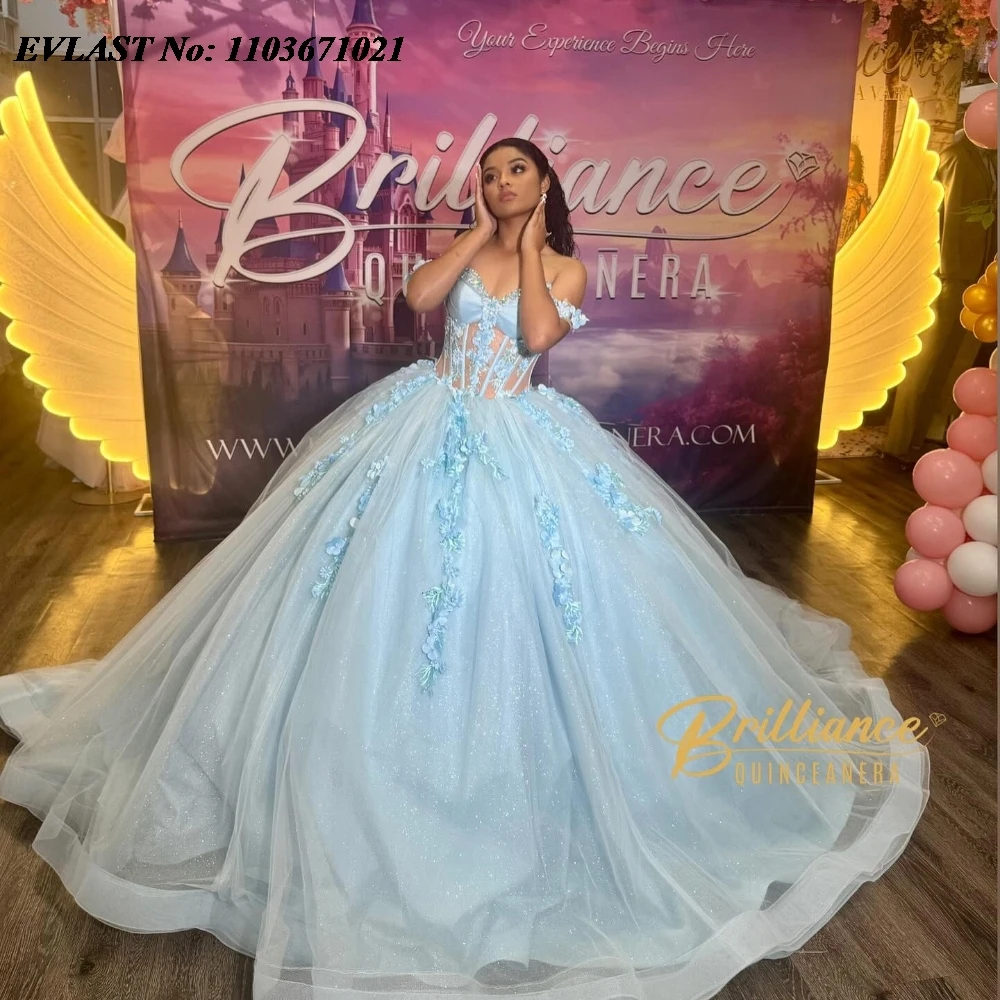 EVLAST блестящее небесно-голубое платье Quinnceanera бальное 3D цветочное кружево