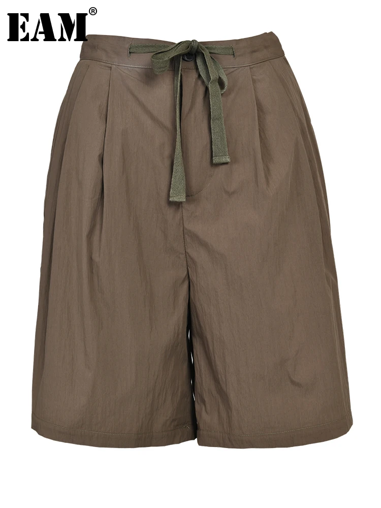 

[EAM] повседневные плиссированные брюки до колена с высокой талией и кулиской кофейного цвета; Новинка; Свободные брюки для женщин; Сезон весна-осень; 2023; 1DF9796