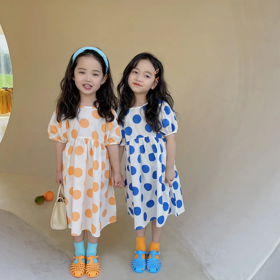 

Платье для девочек, Новинка лета 2022, детская одежда, детское платье принцессы в горошек с короткими рукавами