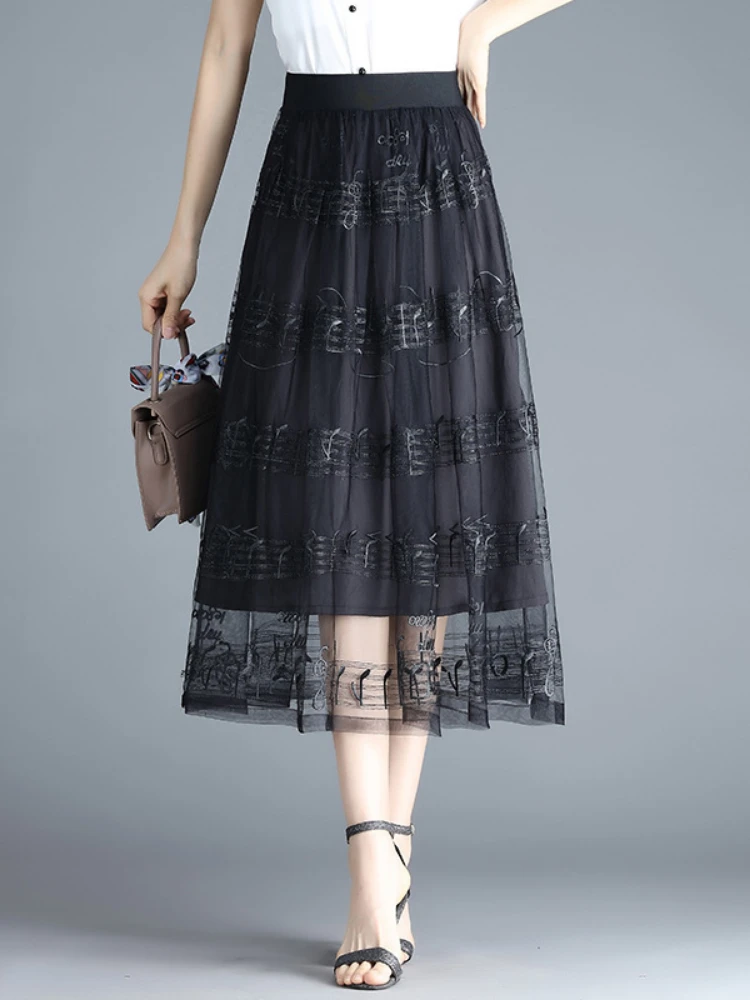 

Mesh Spliced Embroidery Elastic High Waist Big Swing Women Skirt 2022 Summer Ladies Elegant Loose Long Black Skirts 4XL M020