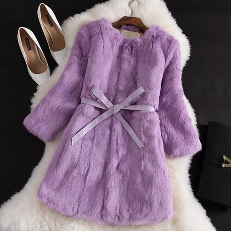 full pelt natural real 2023 rabbit fur coat women winter long jacket outerwear Slim o neck coats female 3 quarter sleeve