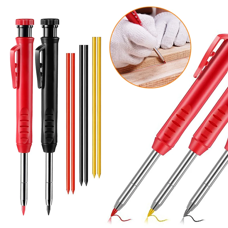 

Solid Carpenter Pencil with Refill Leads Deep Hole Marker Mechanical Pencil and Built-in Sharpener for Marking Woodworking Tools