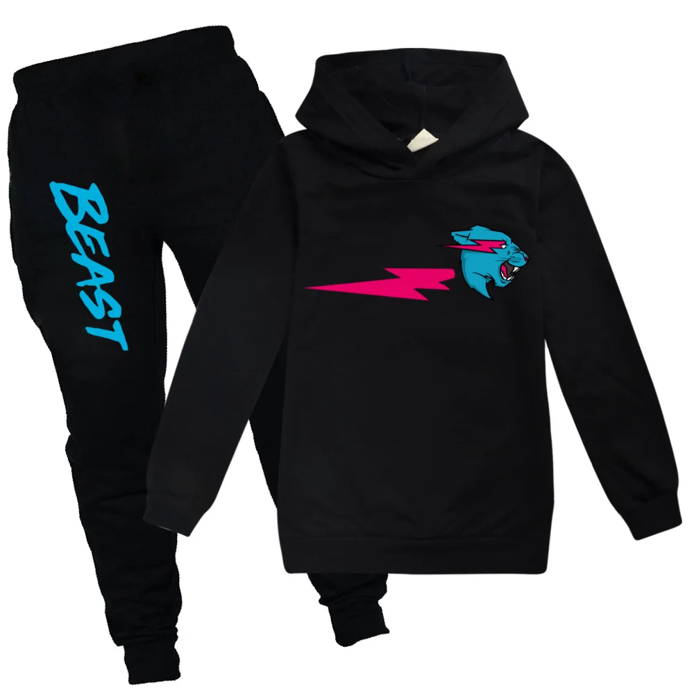 

2022 Mr Beast Lightning Cat Tops+Pants Set Girl Boys 2-16Years Children Cartoon Anime Suit Spring Autumn Clothes Kids Tracksuits