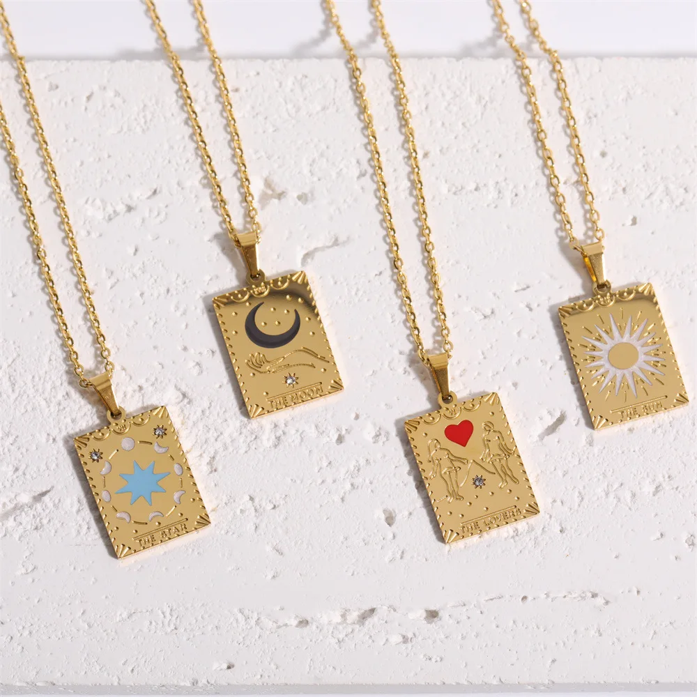 

2022 New Stainless Steel Necklace Tarnish Free Jewelry Colorful Tarot Necklace Star Moon Sun Design Gold Pendant Necklaces