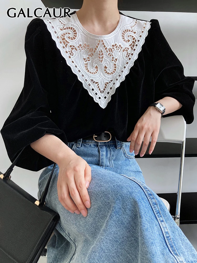 

GALCAUR Slim Shirt For Women Round Neck Long Sleeve Patchwork Lace Hit Color Elegant Pullover Blouse Female Autumn Clothing New