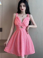 2022 new summer halter tank dress women sexy backless plaid mini a line dresses gothic pleated club party fashion woman clothes