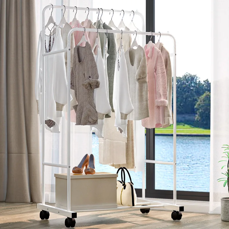 

Multifunctional Double Hanger Floor Clothes Drying Hanger Simple Folding Coat Rack Balcony Hanger Standing Library Furniture