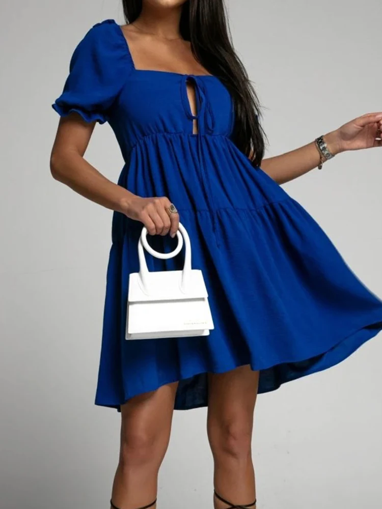 

Women Summer Casual Loose Puff Sleeve Dress Fashion Pleated Office Commuter A-Line Dress Sexy Square Neck Tie Cutout Mini Dress