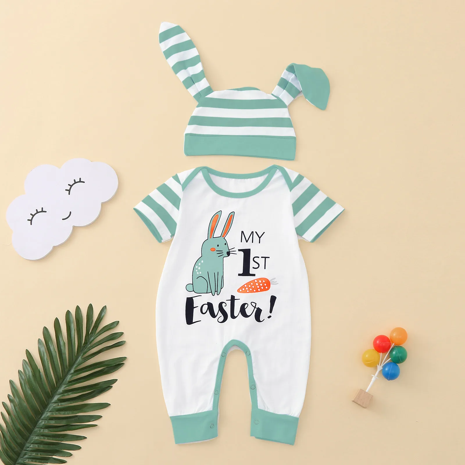 

Easter Baby Romper Summer Casual Striped Infant Jumpsuit Hat Sets My 1st Easter Cartoon Rabbit Printed Baby Boy Girl Clothes